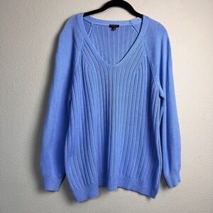 Talbots Plus Blue V-Neck Ribbed Cotton Blend Raglan Cozy Oversized Sweater 1X